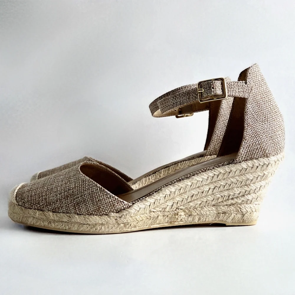 Talbots New Espadrille Wedge Heels With Ankle Strap, Brown, Tan, & Gold, Size 8